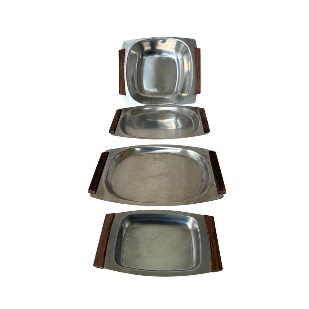 Kalmar Serving Tray Set Silver MCM Danish Stainless Steel Wood
